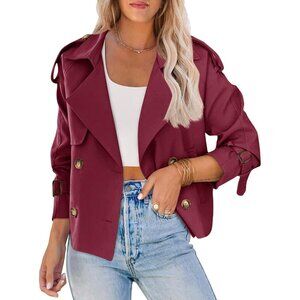 Women's Wine Red Crop Double Breasted Trench Coat Raglan Sleeve Cropped Jacket
